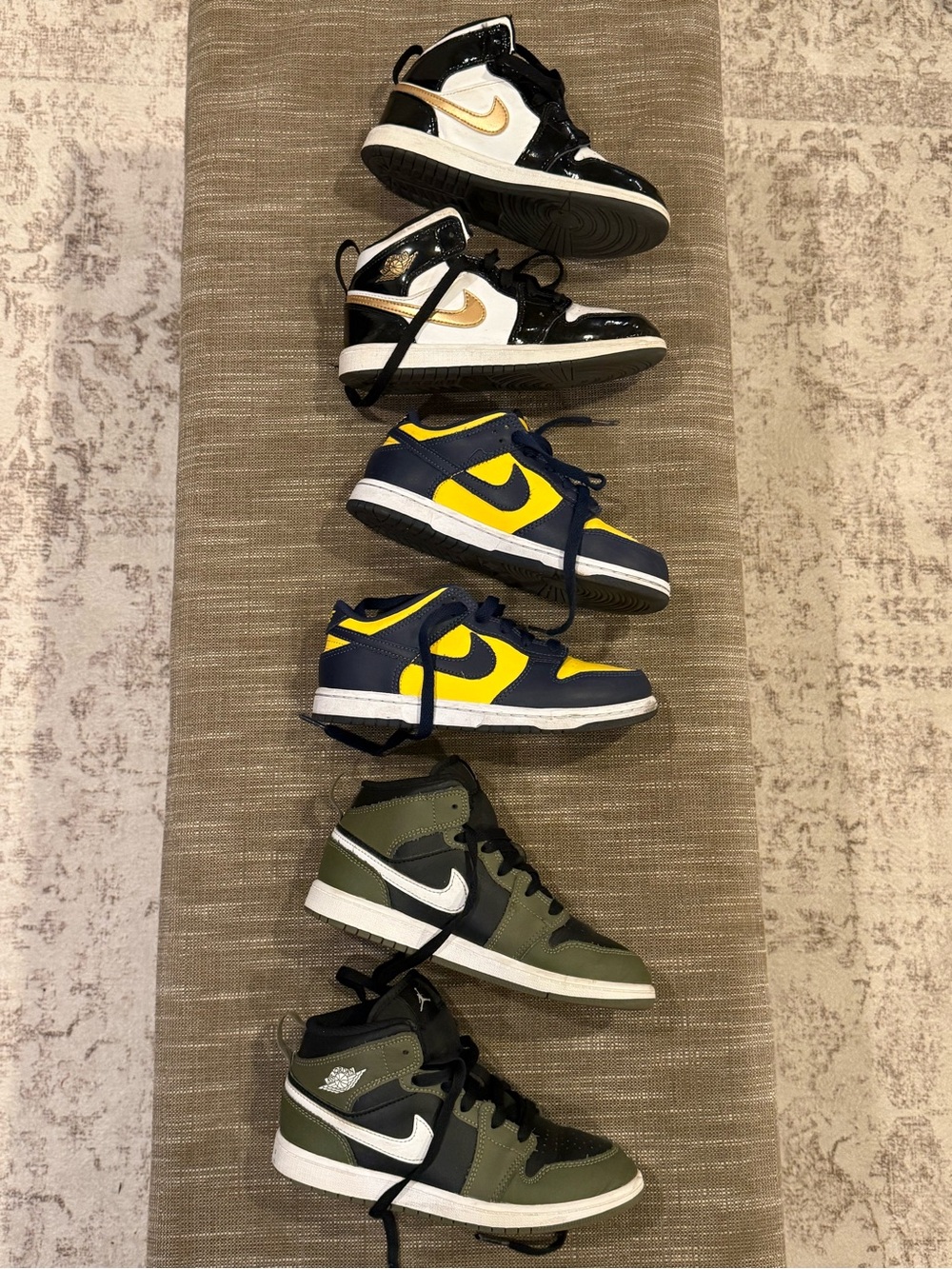 Nike Kids Sneakers Lot — Black/White/Gold, Navy/Yellow, Olive/Black